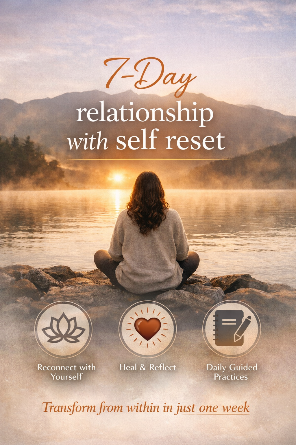 A woman sitting cross-legged on rocks by a calm lake at sunrise or sunset with mountains in the background, promoting a 7-day self-reset relationship program.