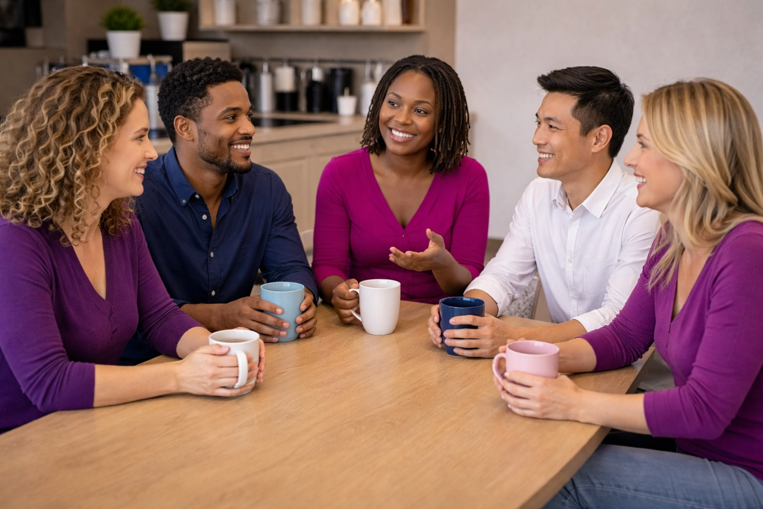 Group of five diverse people sitting at a wooden table, smiling and talking with mugs in hand, in a cozy kitchen setting.