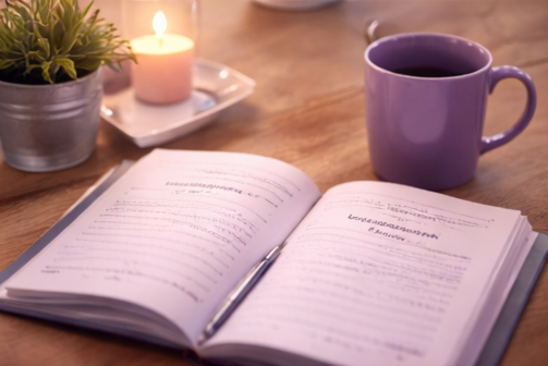 Open book, purple mug of coffee, candle, and potted plant on a wooden table.