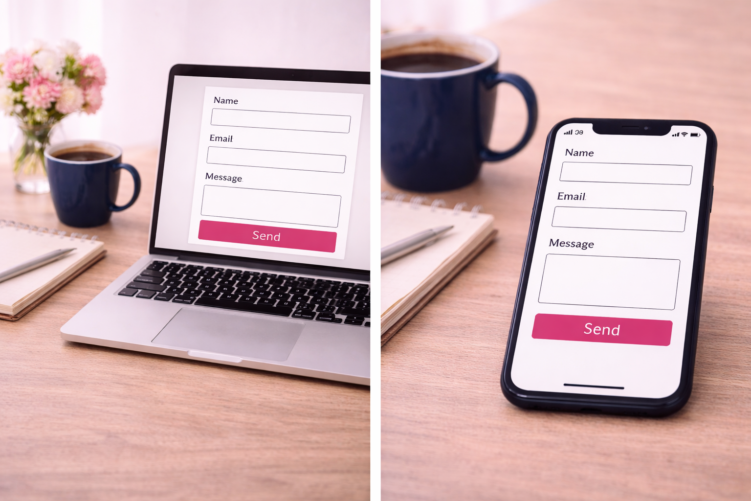 Comparison of a contact form displayed on a laptop screen and a smartphone screen, both showing the same form with fields for name, email, and message, and a pink 'Send' button, on a wooden desk with a cup of coffee, a notebook, and a pen