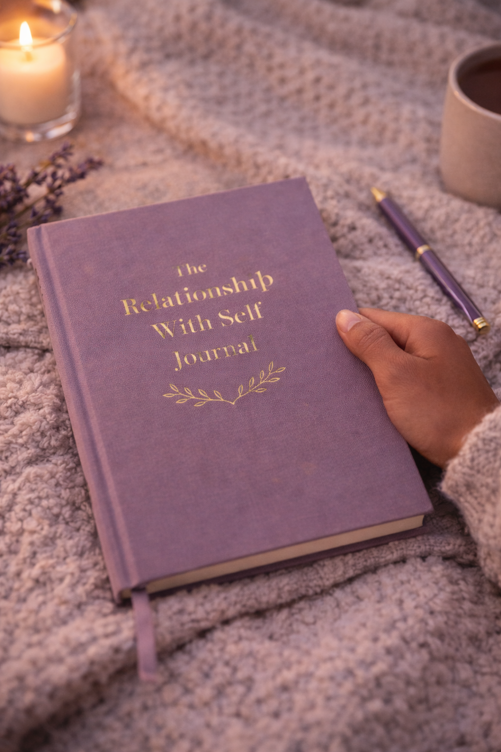 A purple hardcover journal titled 'The Relationship With Self Journal' on a soft, textured blanket, with a hand resting on it, surrounded by a candle, a pen, a cup of tea or coffee, and some lavender flowers.