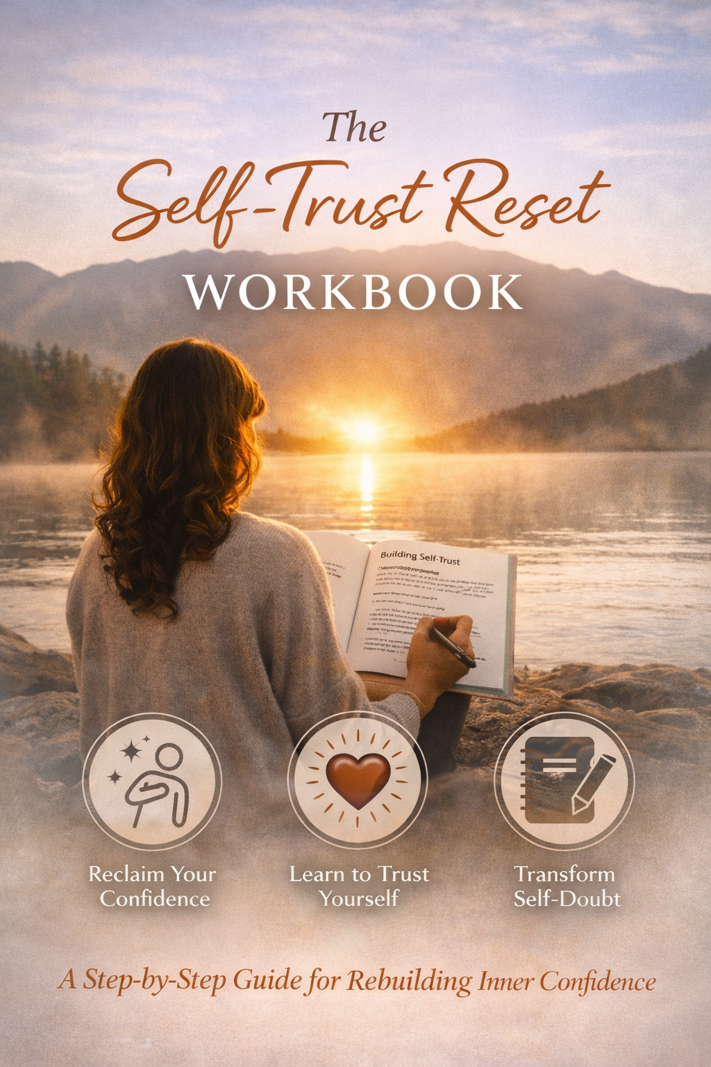 A woman sitting by a lake at sunset reading a book about building self-trust, with icons and text promoting confidence, trust, and self-doubt transformation underneath.