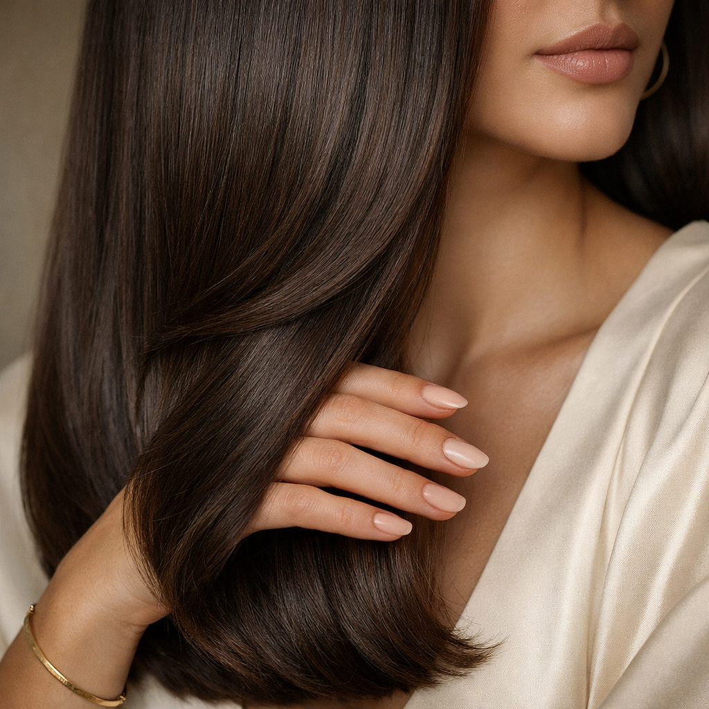 Close-up of silky long hair extensions with smooth finish at Houston luxury salon