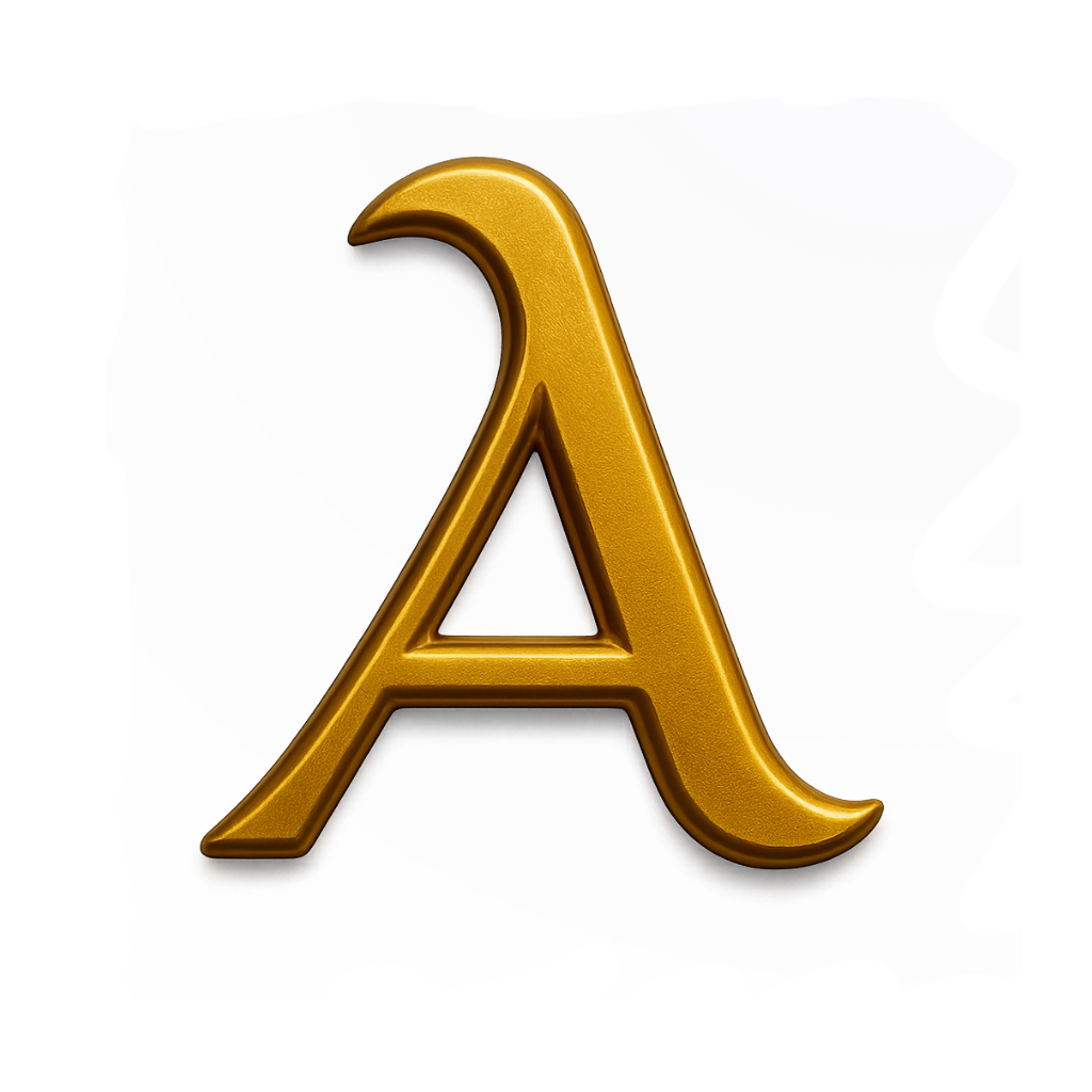 A large, three-dimensional gold letter 'A' on a colorful abstract background with shades of purple and blue.