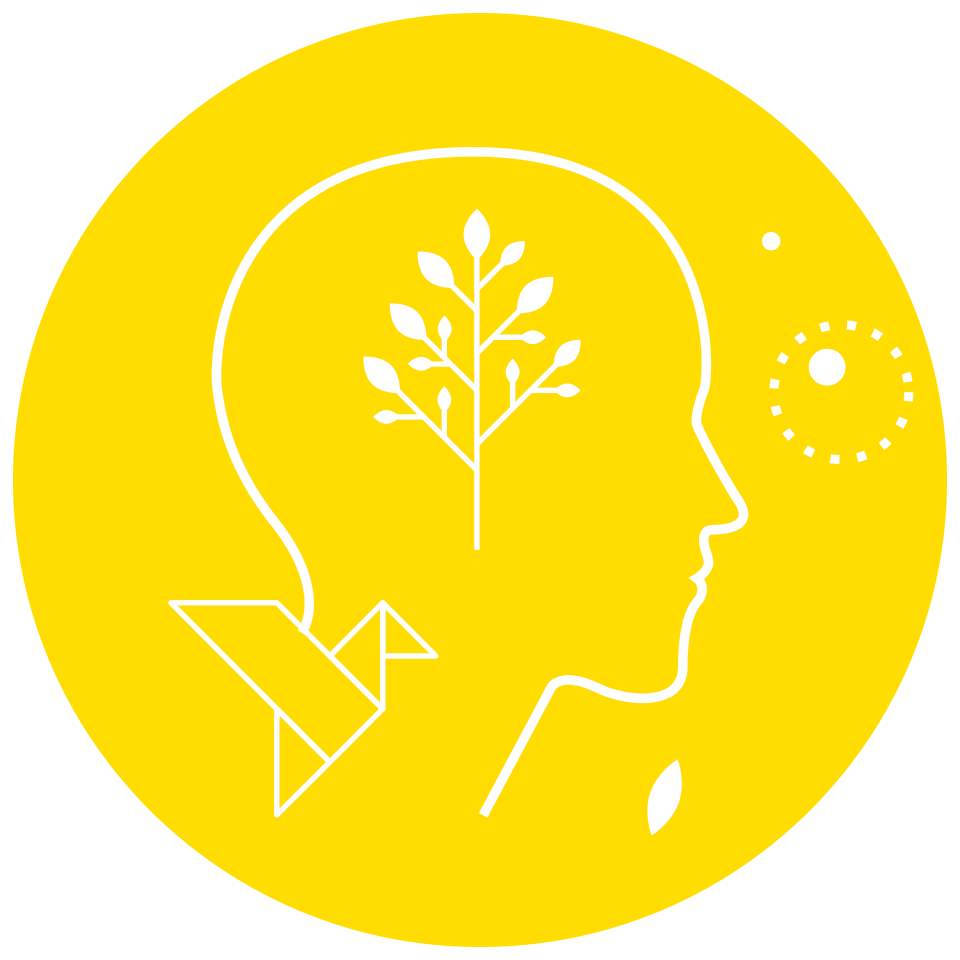 A minimalist graphic of a human profile outline with a tree inside the head, a paper crane near the neck, and abstract circular shapes on the side, set against a yellow background.