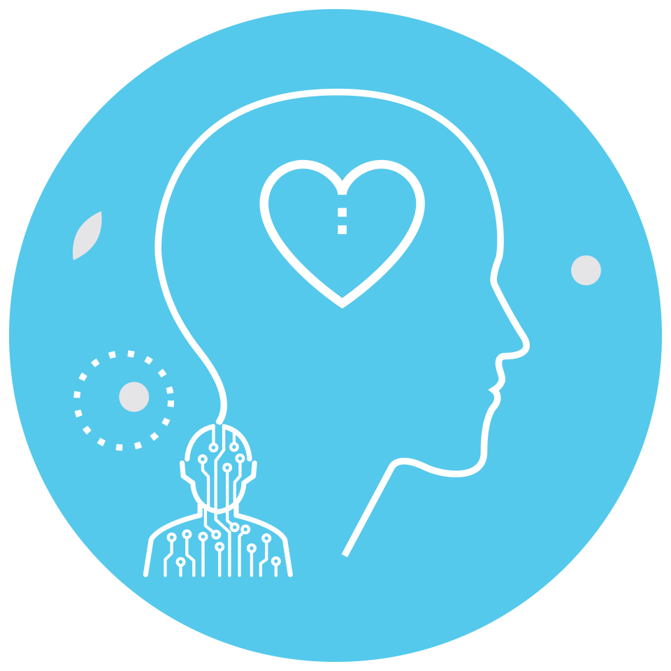 An illustration of a human head in profile with a heart symbol inside the brain area, a circuit-themed design at the neck area, and abstract circles surrounding the head, representing technology and emotion.