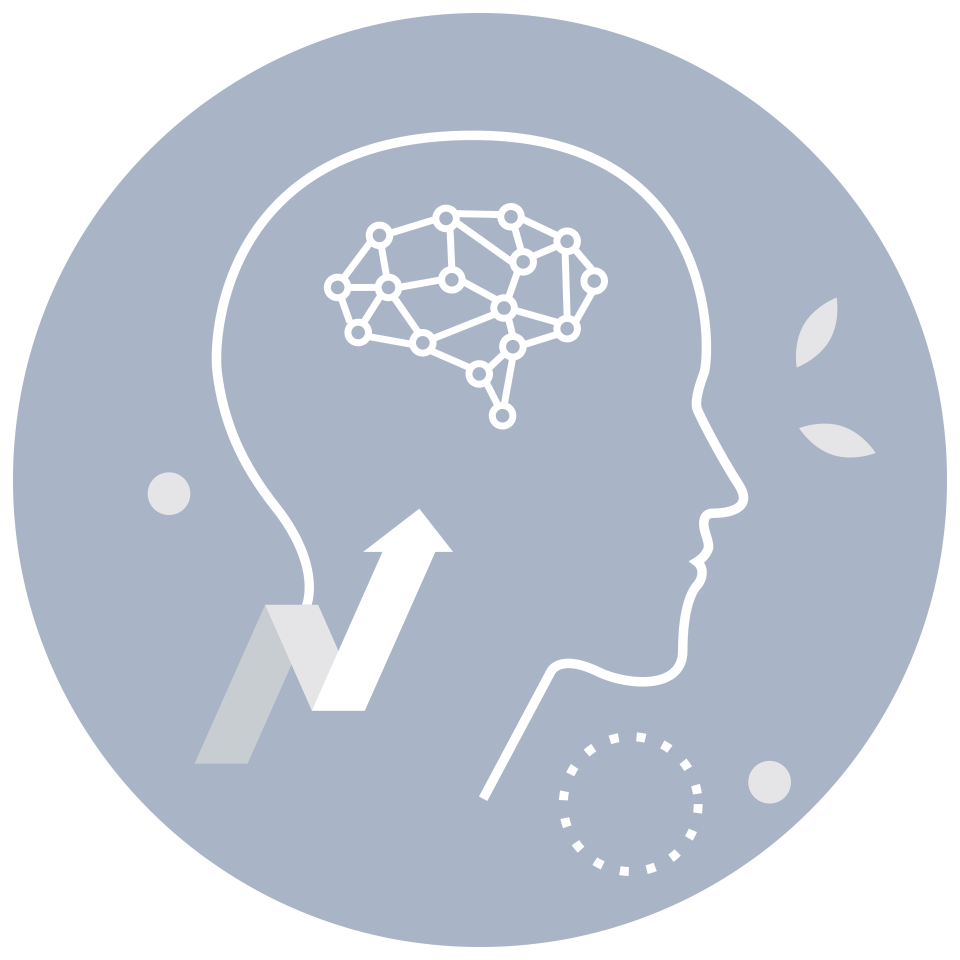 Minimalist illustration of a person's profile with a brain depicted as interconnected nodes, an upward arrow, and leaves, symbolizing growth and mental development.