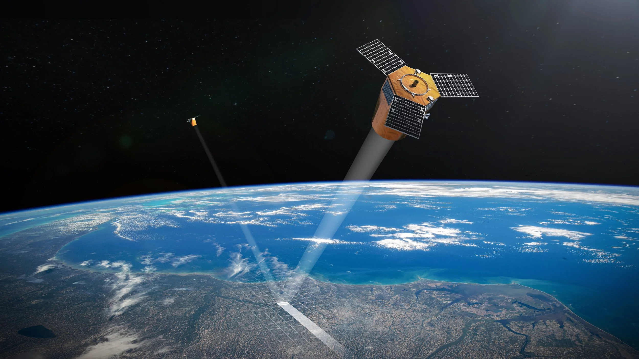Digital rendering of LiveEO's Twinspector satellite constellation which will be designed and manufactured by Reflex Aerospace - The image shows two satellites orbiting over earth and scanning the surface to observe critical infrastructure