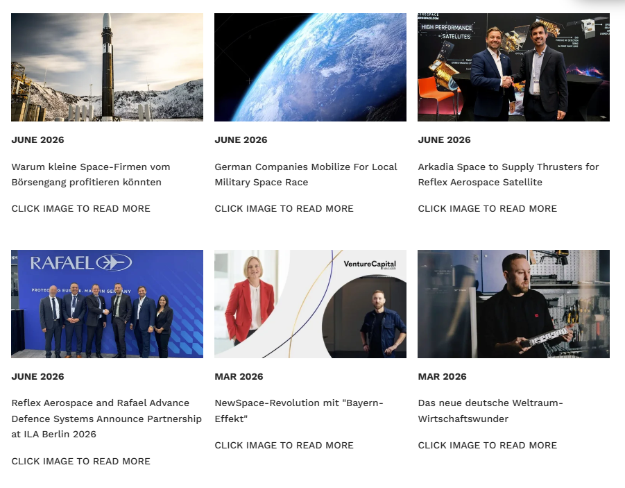 Collage of six images: a rocket launch, Earth from space, two men shaking hands at a satellite event, a group of officials at Rafael company, a woman in red at VentureCapital, a man working with electronic equipment in a laboratory.