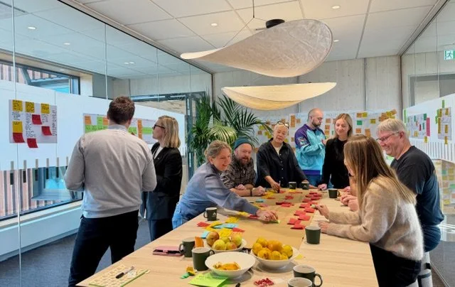 Möte med åtta personer som diskuterar och arbetar vid ett bord i ett kontor, med post-it-lappar på väggarna och en stor blomma i bakgrunden.