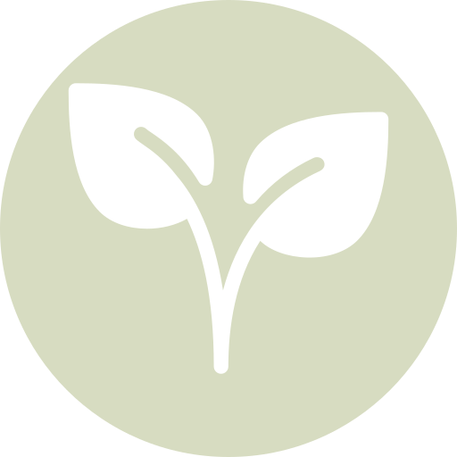 A simple, minimalist icon of a plant with two leaves inside a light green circle.