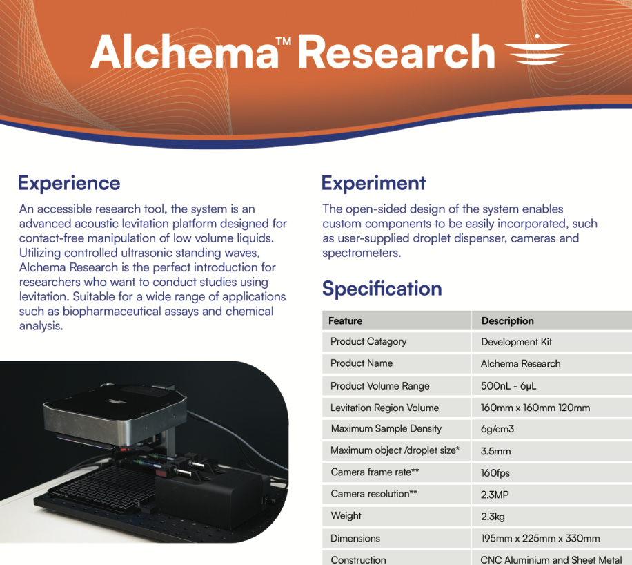 Product information sheet for Alchema Research, a scientific device for contact-free manipulation of low volume liquids using ultrasonic standing waves, designed for biopharmaceutical and chemical analysis, with specifications for volume range, levitation region, and camera features.