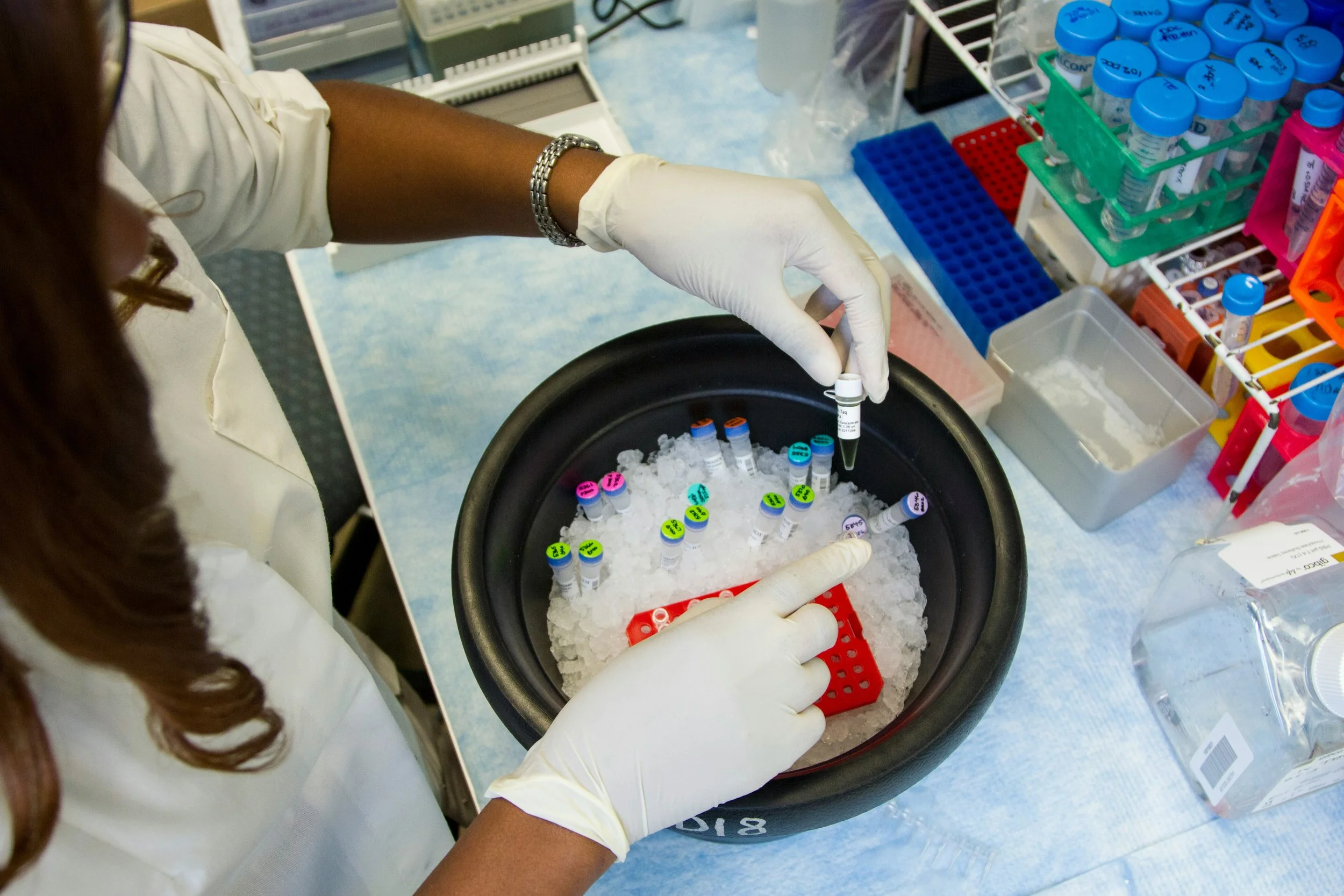 A scientist wearing gloves and a bracelet handles test tubes with colored labels in a black container filled with ice, in a laboratory setting with various lab equipment around.