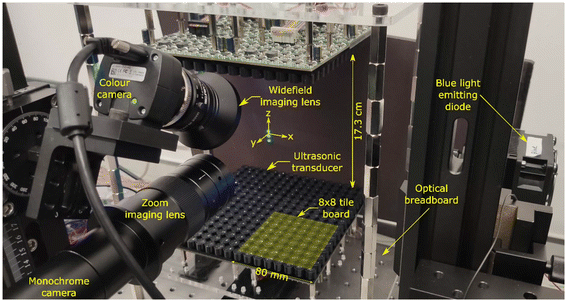 Laboratory setup with cameras, lenses, ultrasound transducer, tile board, optical breadboard, blue light emitting diode, and labeled measurements.