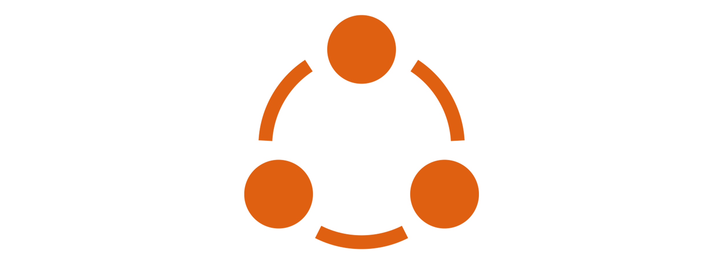 Graphic of three orange circles connected by curved lines, forming a triangle, representing a network or connection concept.