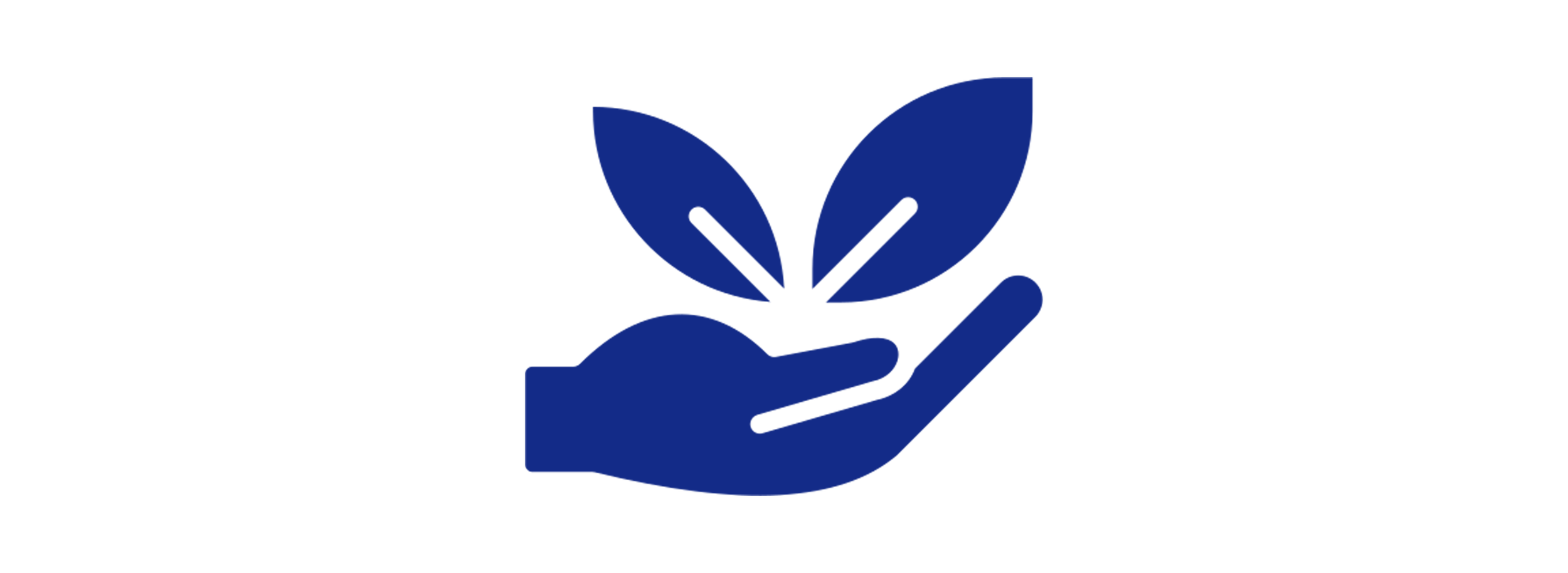 A dark blue icon of a hand holding a plant with two leaves.