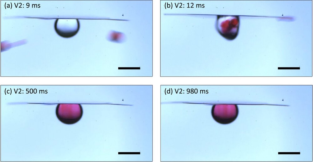 Sequence of four microscopic images showing a droplet impacting and spreading on a surface over time, with varying timestamps in milliseconds, demonstrating droplet behavior.