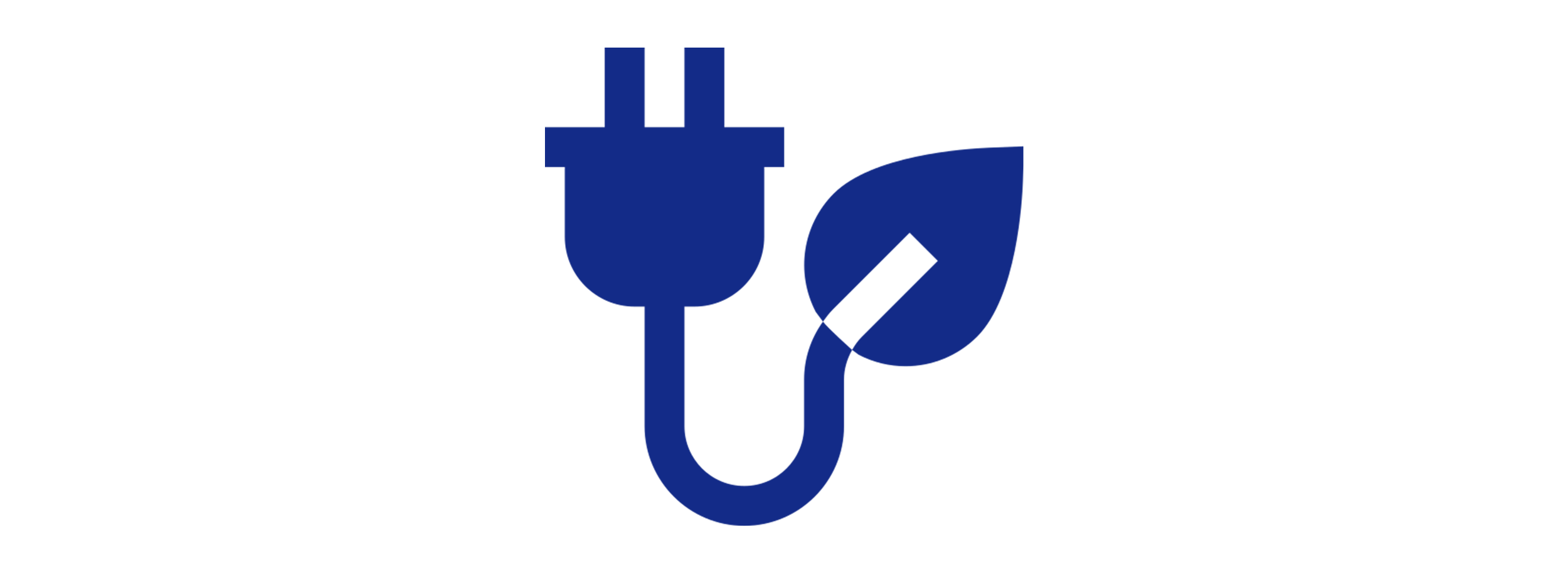 A stylized blue power plug connected to a leaf, symbolizing eco-friendly or green energy.