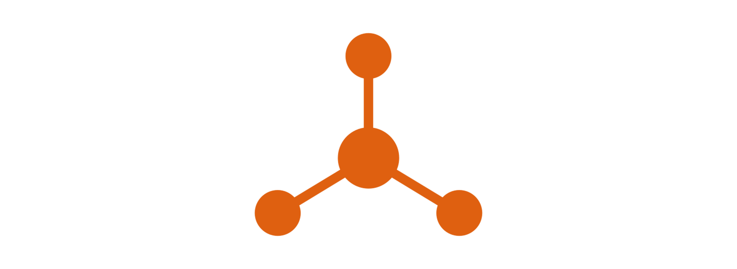 Simplified representation of a molecule with a central atom connected to three other atoms, all depicted as orange circles, on a black background.