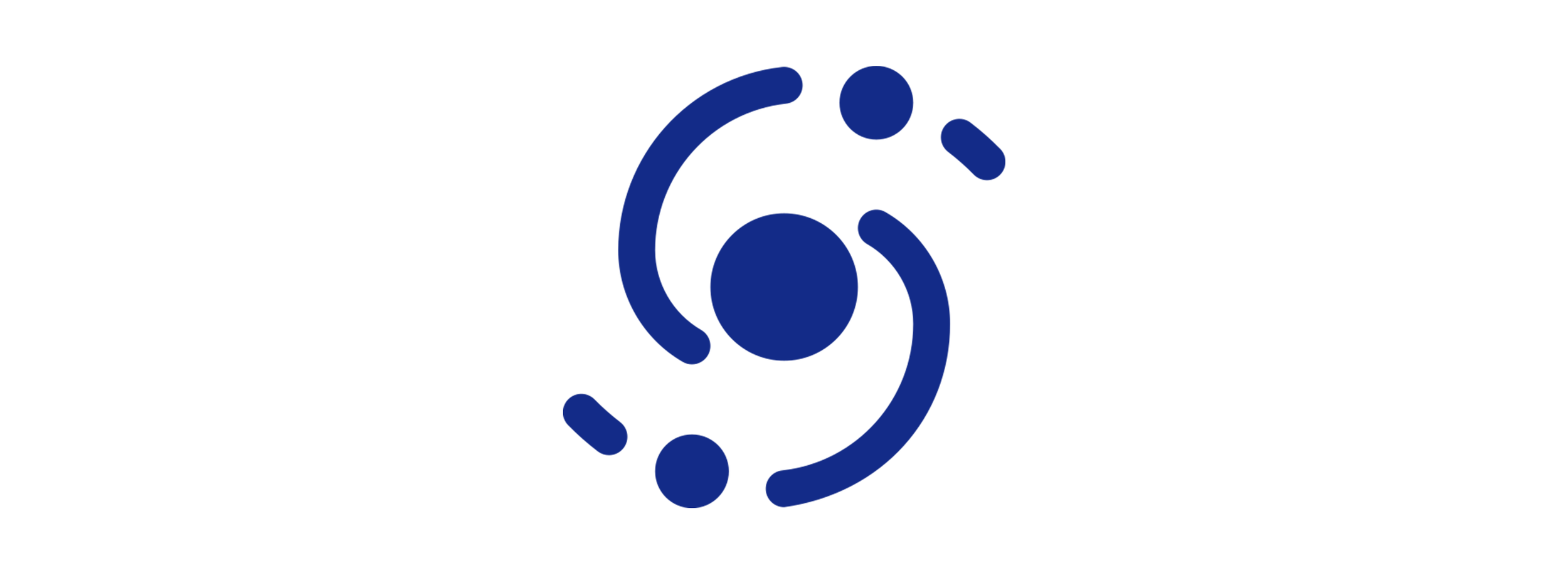 Logo with stylized abstract human figure and orbit around a central circle.