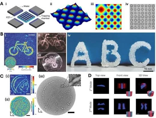 A scientific diagram showing various images and illustrations related to a microscopy and imaging experiment. Part A displays schematic of a setup with water, PZT, and trapping chamber; 3D surface plot; color-coded topographical image; and a grid pattern. Part B includes images of a bicycle diagram, fluorescence microscopy images, and text spelling 'ABC' created with ice. Part C shows colorful heat maps and a circular ice pattern under an electron microscope. Part D presents 3D renderings and different view modes of a nano-structure. All images depict scientific visualization methods.