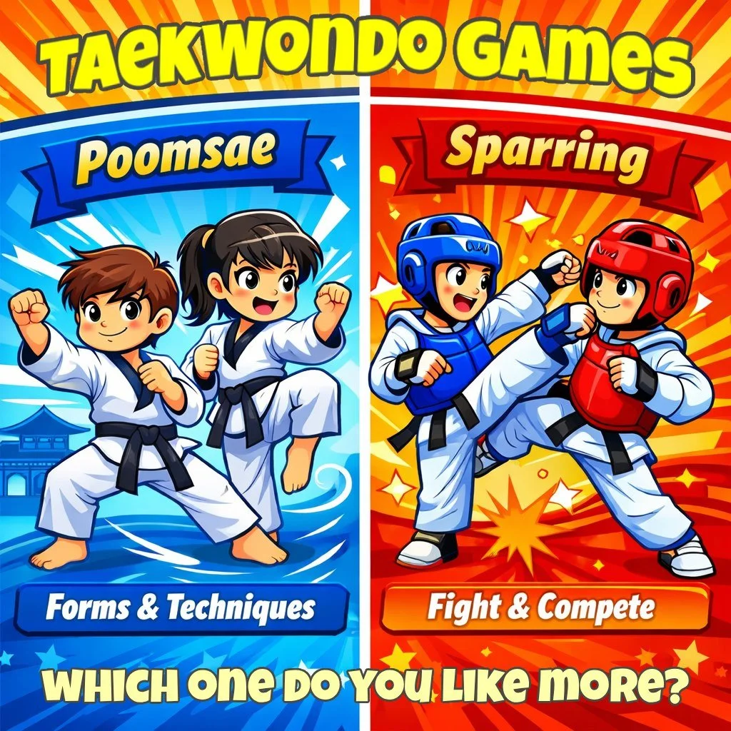 💡 Know more about Taekwondo:
Taekwondo games have two exciting parts:
💙 Poomsae &ndash; Patterns, Balance, technique and body control
❤️ Sparring &ndash; Speed, strategy and Courage

Taekwondo builds our body &amp; mind 💪🧠 
There&rsquo;s always o