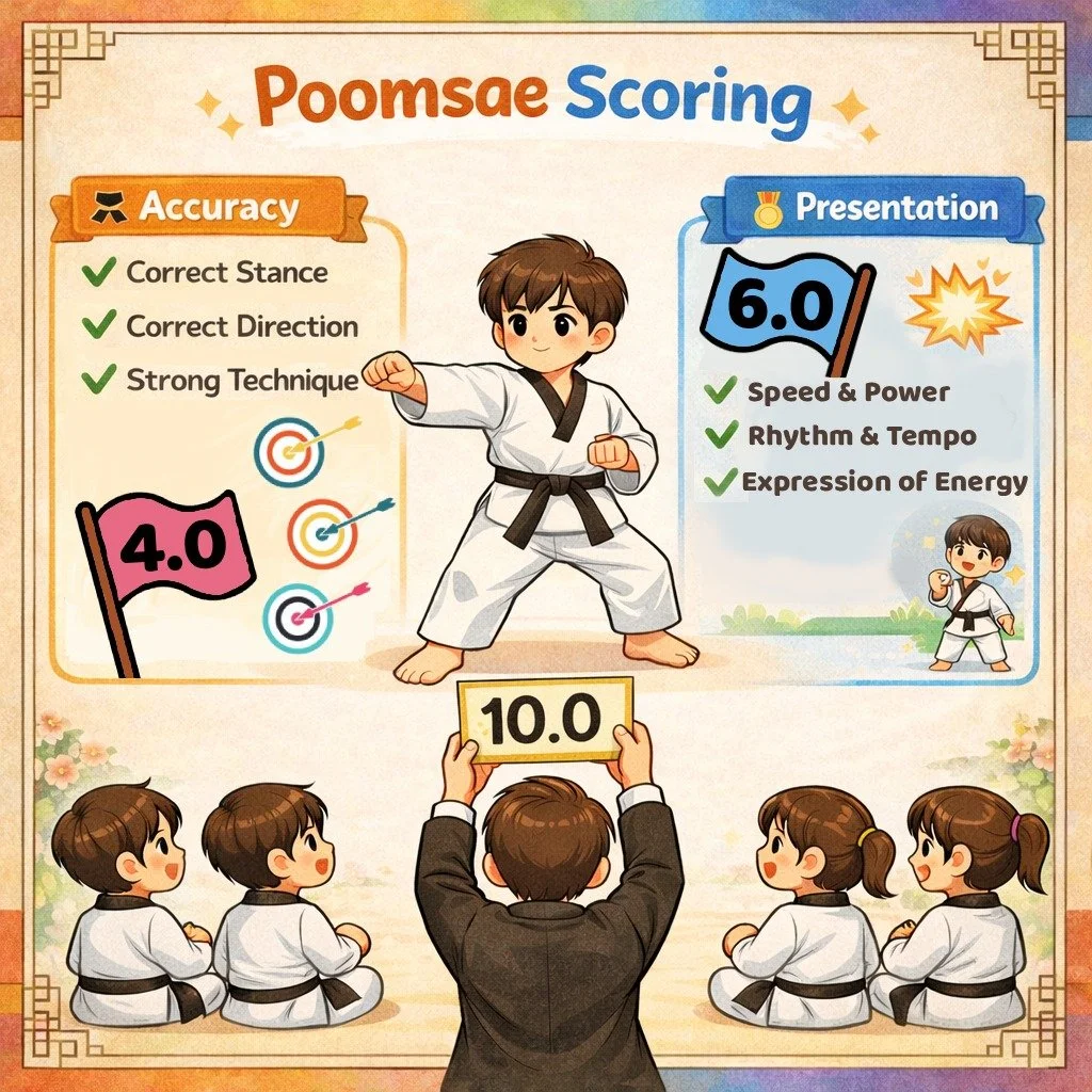 How to perform a poomsae? ✨ First, you need to know how it&rsquo;s scored first.

In competition, poomsae is usually divided into two main parts:
🔹4 points for Accuracy, which requires correct stances, directions, blocks, kicks and details matter. S
