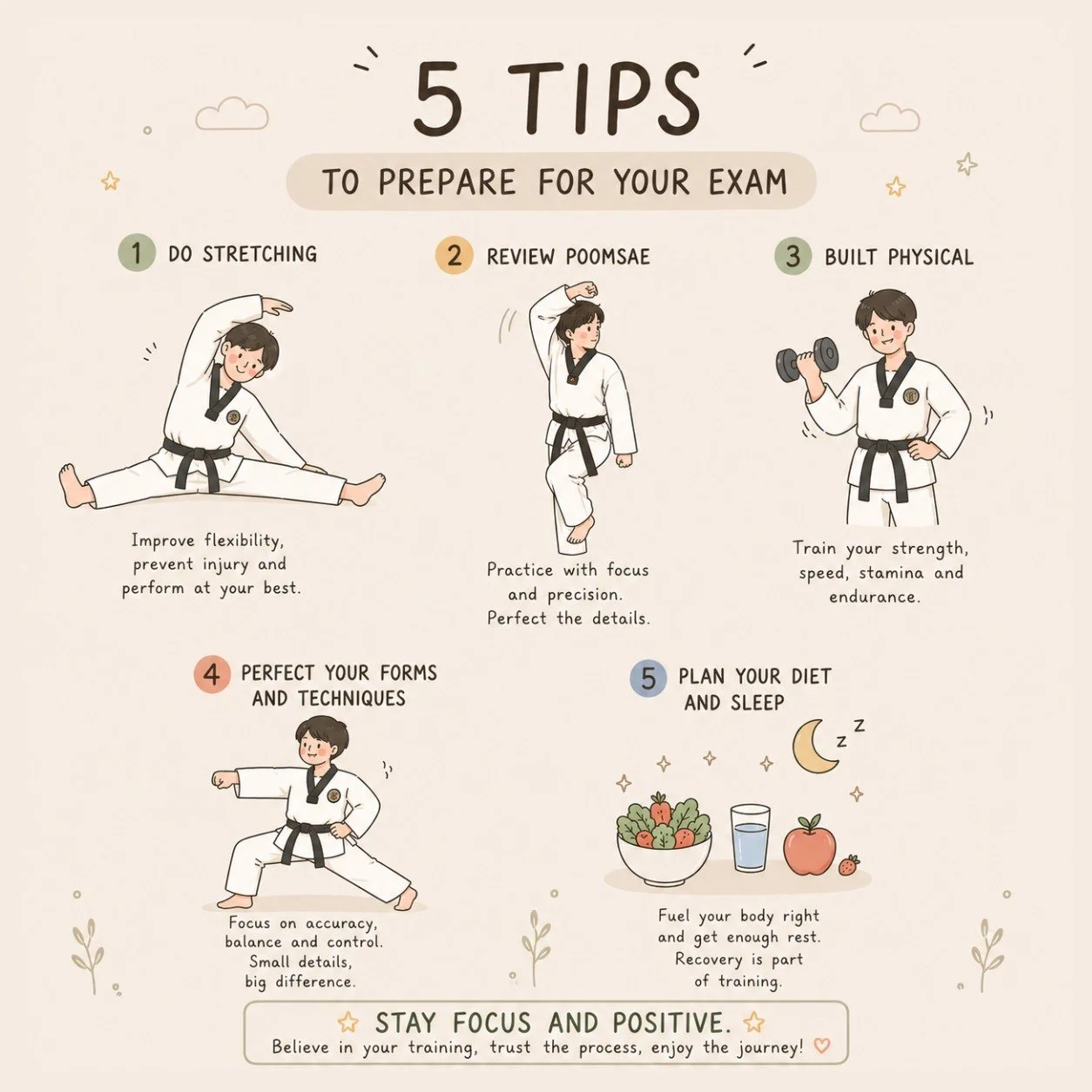 Exam is coming next week! Prep mode ON 🥋✨

1. Do stretching
2. Run your poomsae
3. Build your strength
4. Sharpen your forms

And don&rsquo;t forget&mdash; eat well, rest well. Your body needs it too 🍎💤

Stay focused. Stay positive. 💪

#taekwondo