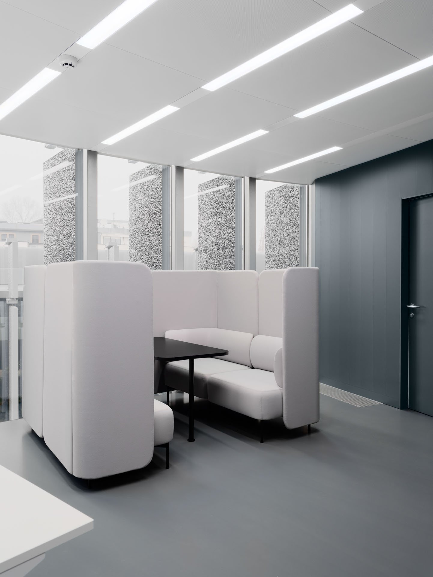 Interno di un ufficio moderno con divani bianchi, pareti blu, grande finestra con tende a motivo, soffitto con luci a strisce.