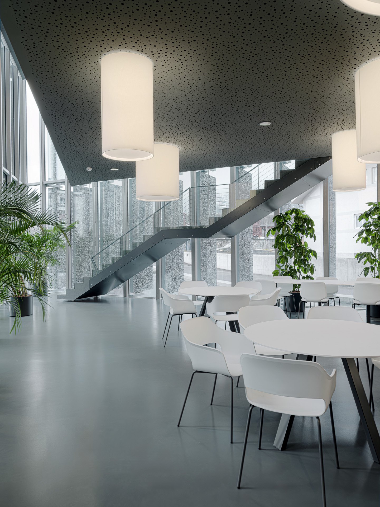 Interno di un edificio moderno con grandi finestre, un'area lounge luminosa, piante verdi, tavoli e sedie bianche, e uno scalone con ringhiera in metallo.