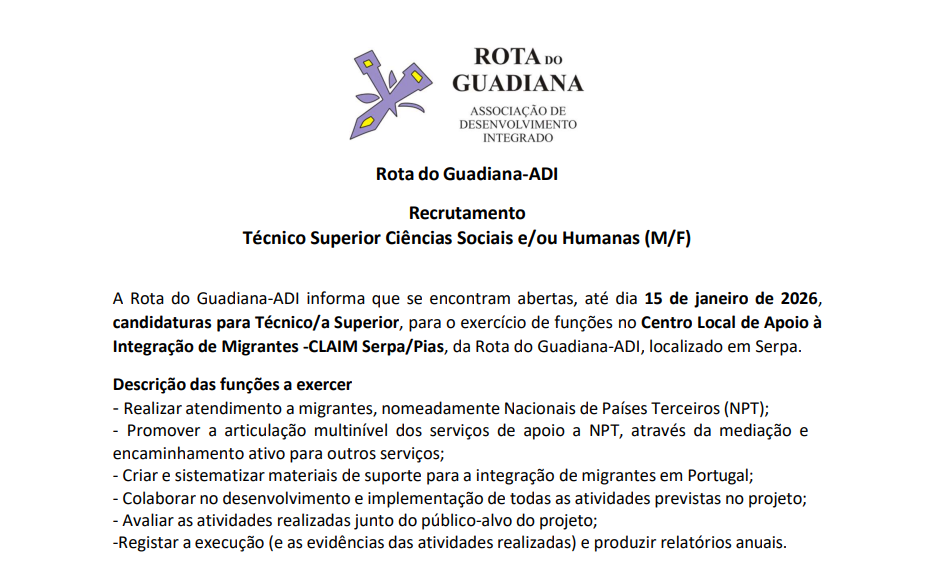 Recrutamento - Técnico Superior Ciências Sociais e/ou Humanas (M/F)