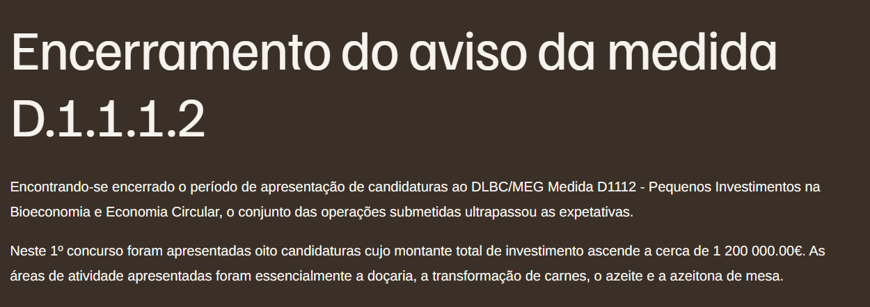 Encerramento do aviso da medida D.1.1.1.2