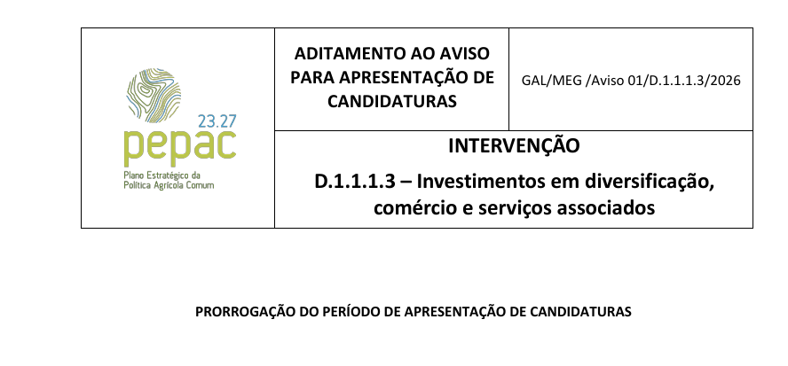 Prorrogação | Aviso D.1.1.1.3 – Investimentos em diversificação, comércio e serviços associados