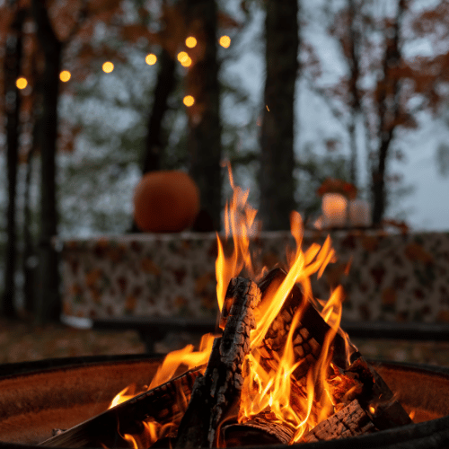 A campfire with burning logs in the foreground, outdoors in a wooded area at dusk, with string lights and pumpkins in the background.