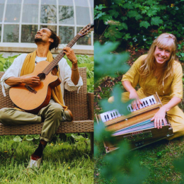 A man playing guitar outdoors on a porch and a woman playing a keyboard among trees in a park.