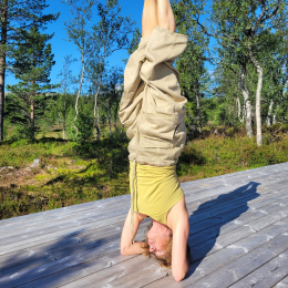 Person performing a headstand yoga pose outdoors on a wooden surface, with trees and blue sky in the background.