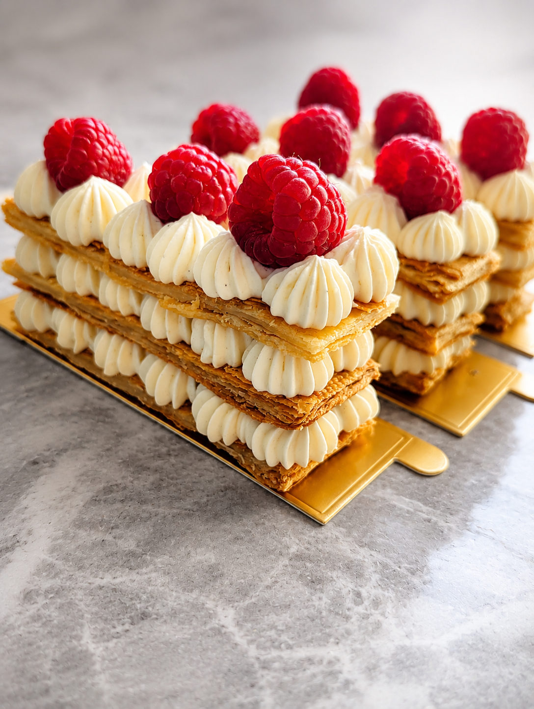 Our story - we make pastries like these raspberry mille feuille on gold bases