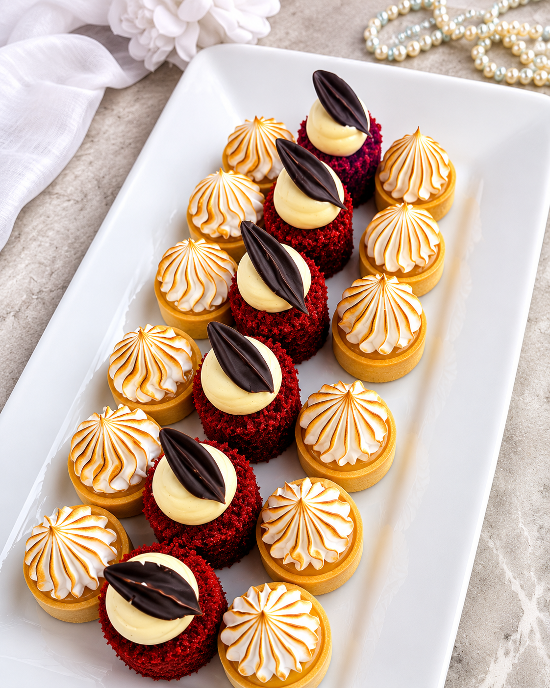 3 rows of handcrafted patisserie cakes, lemon meringue tarts and red velvet delights
