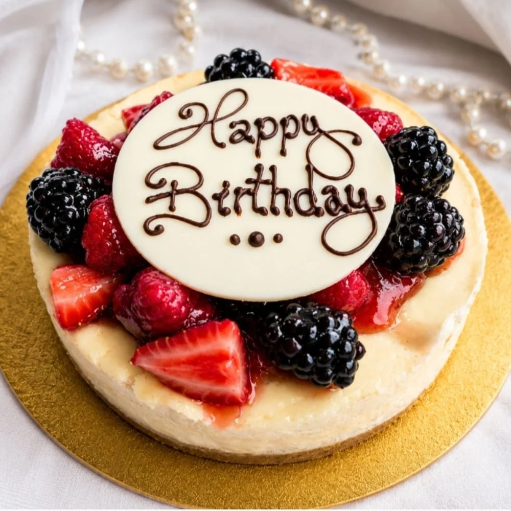 Vanilla summer fruit cheesecake with a white chocolate happy birthday plaque
