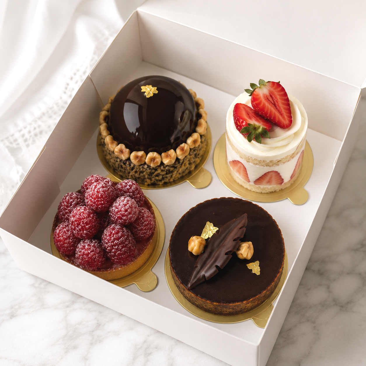 Handcrafted patisserie box with 4 exquisite cakes in side, 2 chocolate style, 2 fruit style