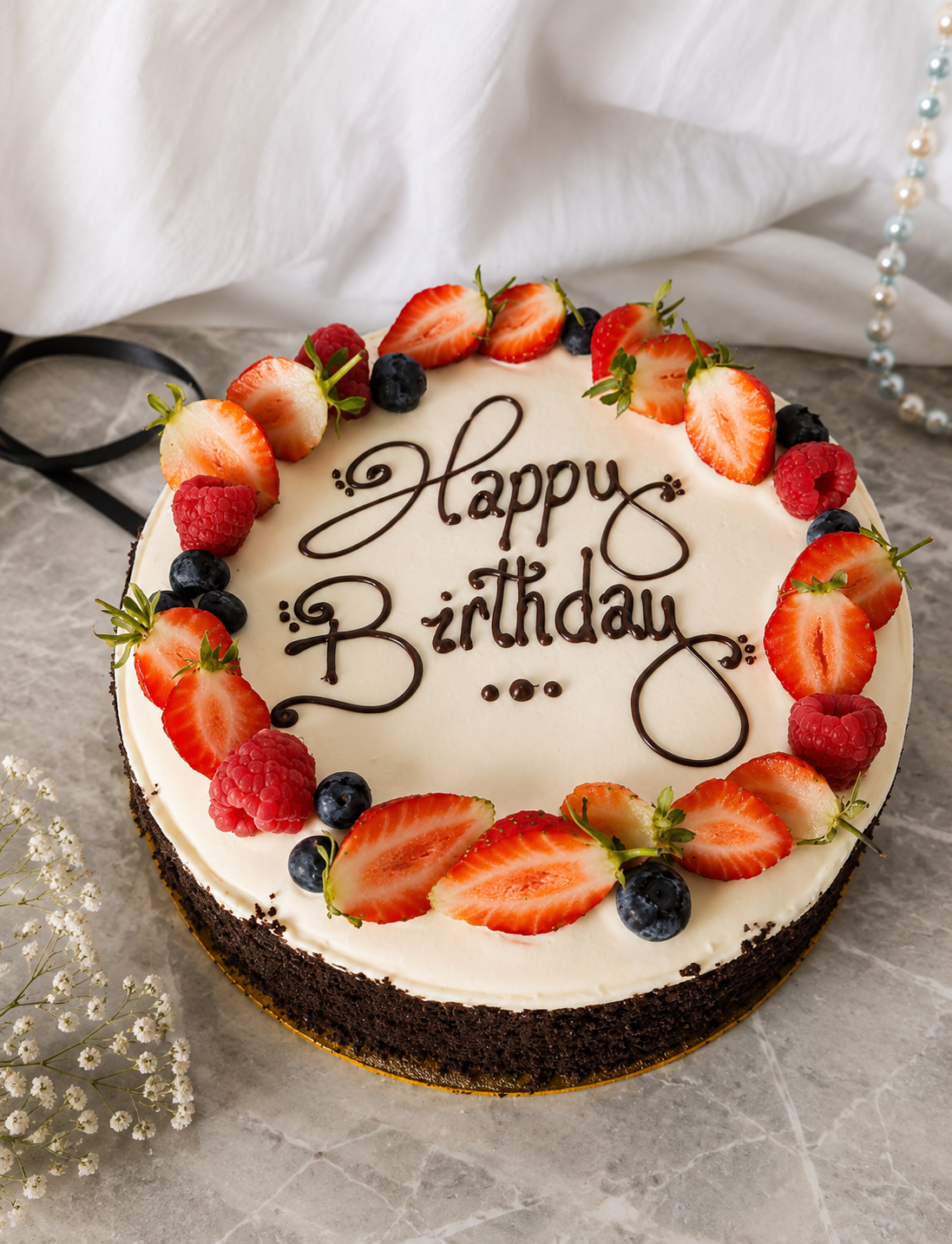Celebration Cakes - A Cream topped Black Forest Gateau with fresh fruit and Happy Birthday pipped in the centre