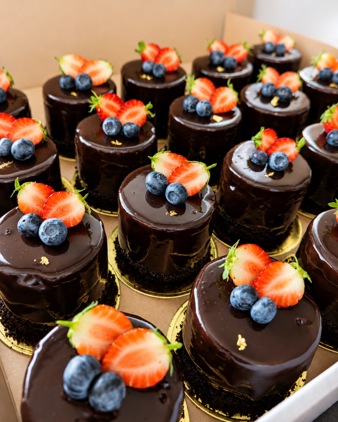 Rows of mini chocolate mirror glazed patisserie with berrie toppings for corporate and event catering