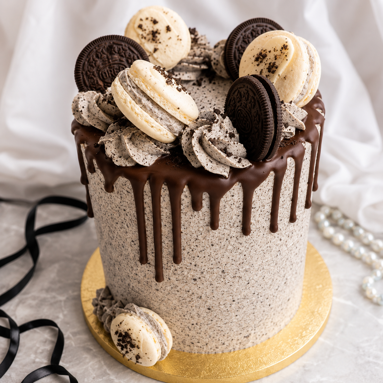 Celebration Cakes - Cookies and Cream cake topped with macaroons and cookies and drizzled in chocolate