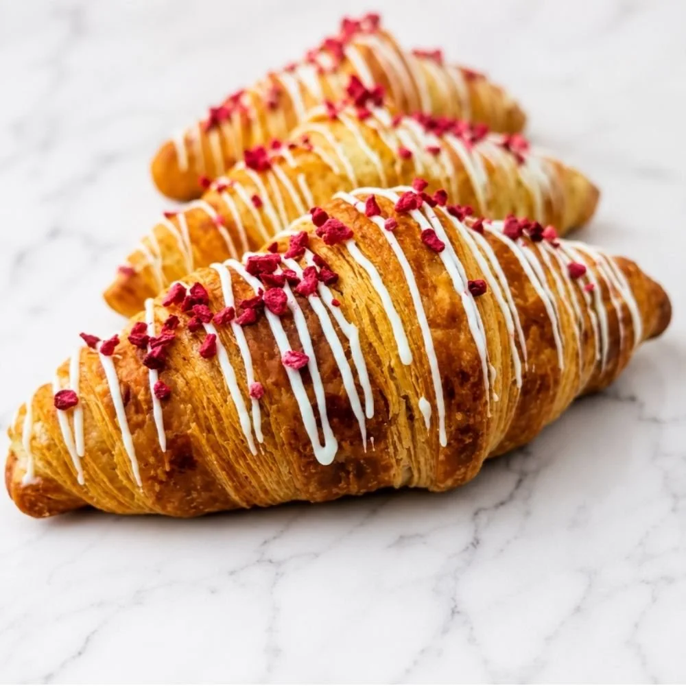 3 Raspberry Croissants on a white marble base