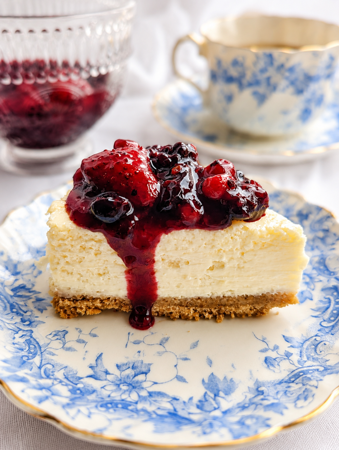 A slice of cheesecake topped with red berries and a rich coulis on a blue plate for the delivery information page