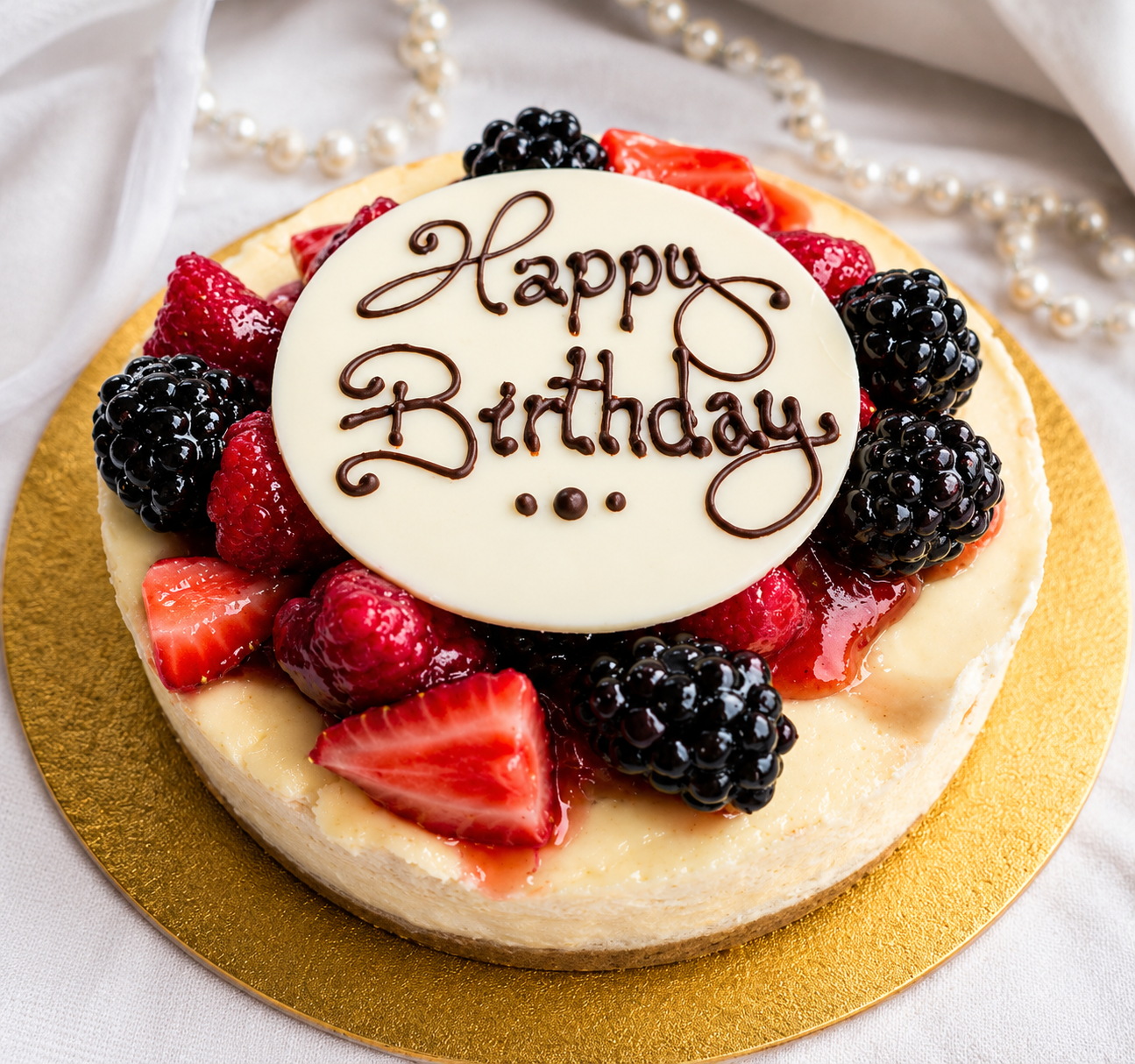 Celebration Cakes - A summer fruit cheesecake, topped with berries and a white chocolate happy birthday plaque