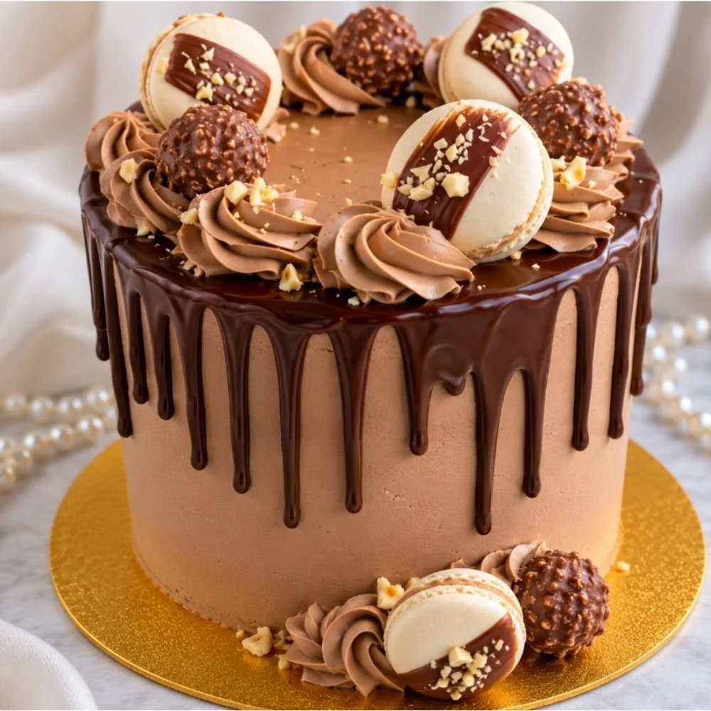 celebration cakes in Norfolk - a chocolate cake with a chocolate drip and praline macaroons