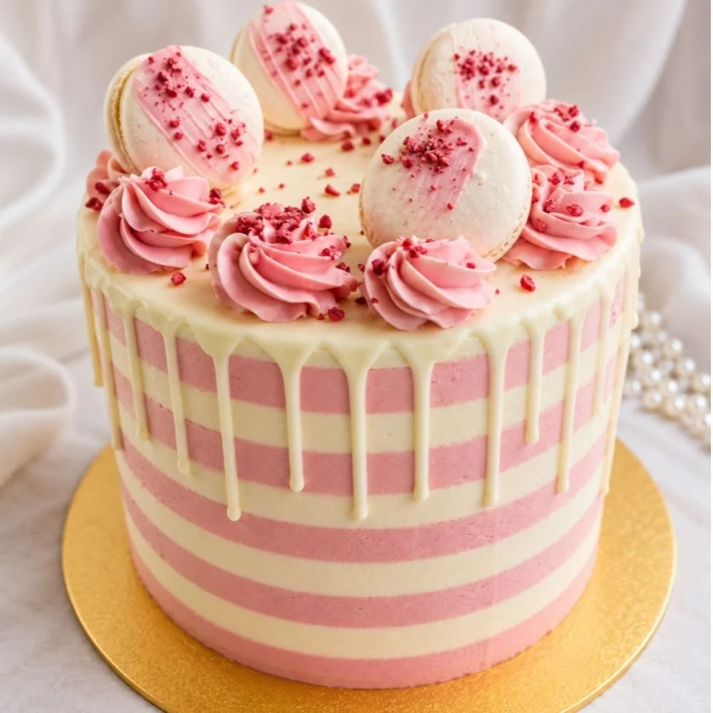 Tall Raspberry Ripple Cake with white chocolate drip icing and macaroons