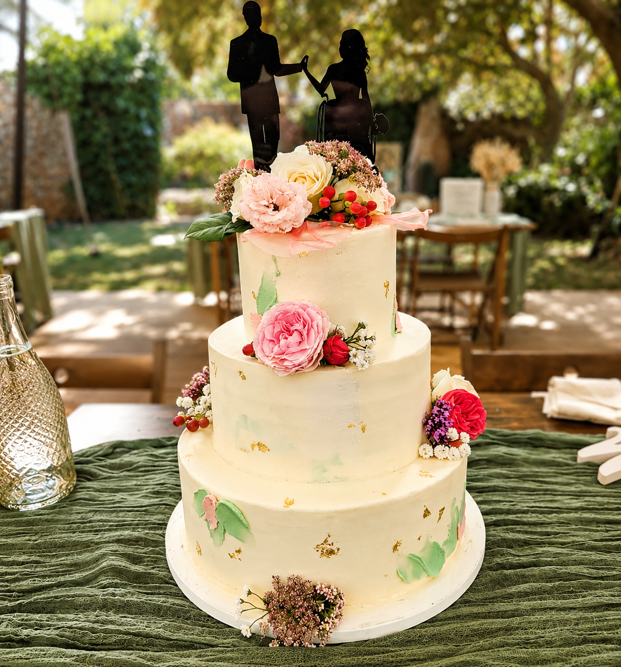 A 3 tier cream floral wedding cake with silhouette of bride and groom as a topper for Celebration Cakes ideas o