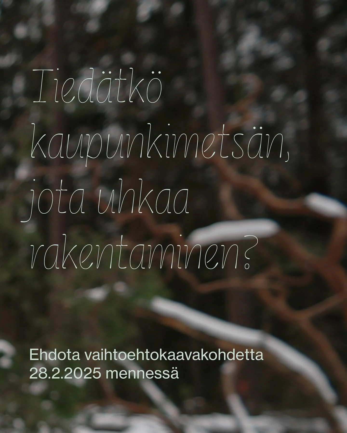 Tied&auml;tk&ouml; kaupunkimets&auml;alueen, jonka kaavoitus kaipaa p&auml;ivityst&auml;? Elonkirjon kaupunki -hankkeemme etsii ehdotuksia kohteiksi, joissa rakentaminen uhkaa kaupunkimetsi&auml;.

Tulevan kahden vuoden aikana laadimme 4&ndash;6 vaih